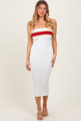 Ivory Ribbed Knit Striped Strapless Fitted Midi Dress