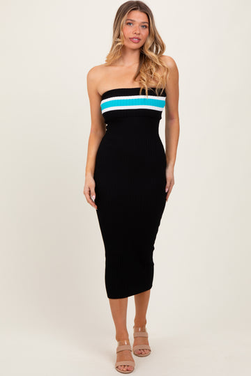Black Ribbed Knit Striped Strapless Fitted Midi Dress