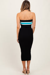 Black Ribbed Knit Striped Strapless Fitted Midi Dress