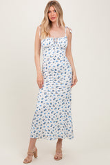 Blue Ribbed Floral Shoulder Tie Maxi Dress