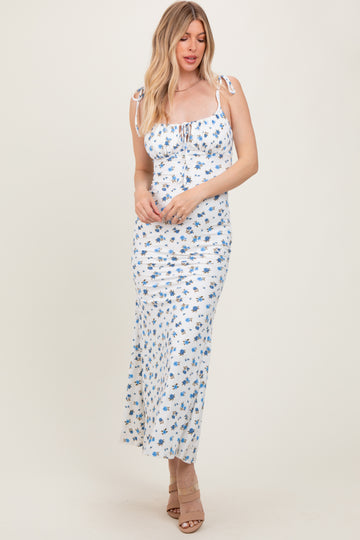 Blue Ribbed Floral Shoulder Tie Maxi Dress