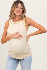 Cream Rib Knit Ruffle Trim Sleeveless Maternity Top