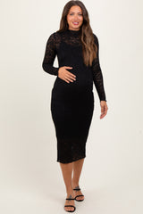 Black Lace Overlay Long Sleeve Fitted Maternity Midi Dress