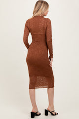 Brown Lace Overlay Long Sleeve Fitted Midi Dress