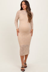Cream Lace Overlay Long Sleeve Fitted Maternity Midi Dress