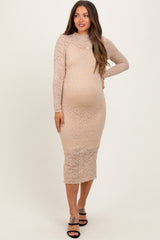 Cream Lace Overlay Long Sleeve Fitted Maternity Midi Dress