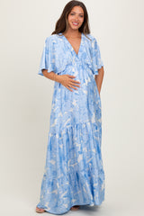 Light Blue Floral Short Sleeve Deep V-Neck Tiered Maternity Maxi Dress