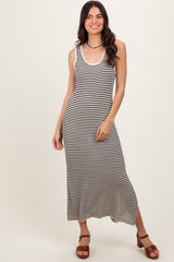 Black Striped Sleeveless Side Slit Maternity Midi Dress