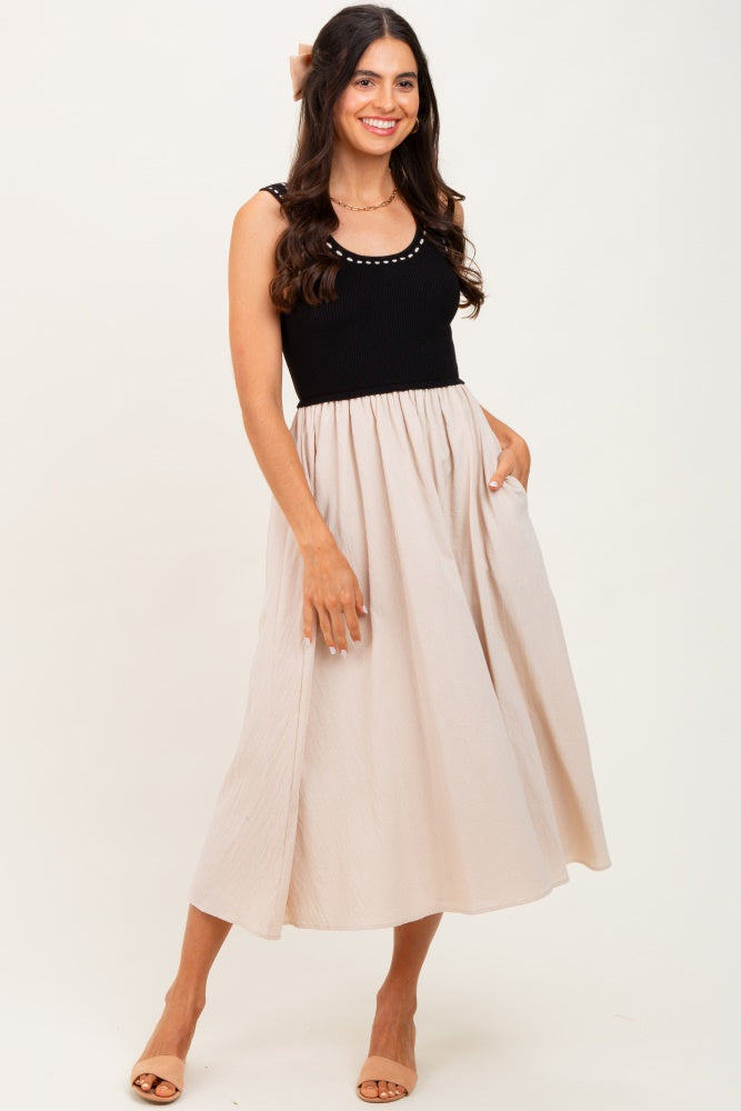 Black Ribbed Top Contrast Sleeveless Midi Dress