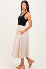 Black Ribbed Top Contrast Sleeveless Midi Dress