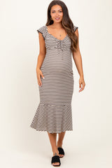 Beige Striped Front Tie Lace Trim Fitted Maternity Midi Dress