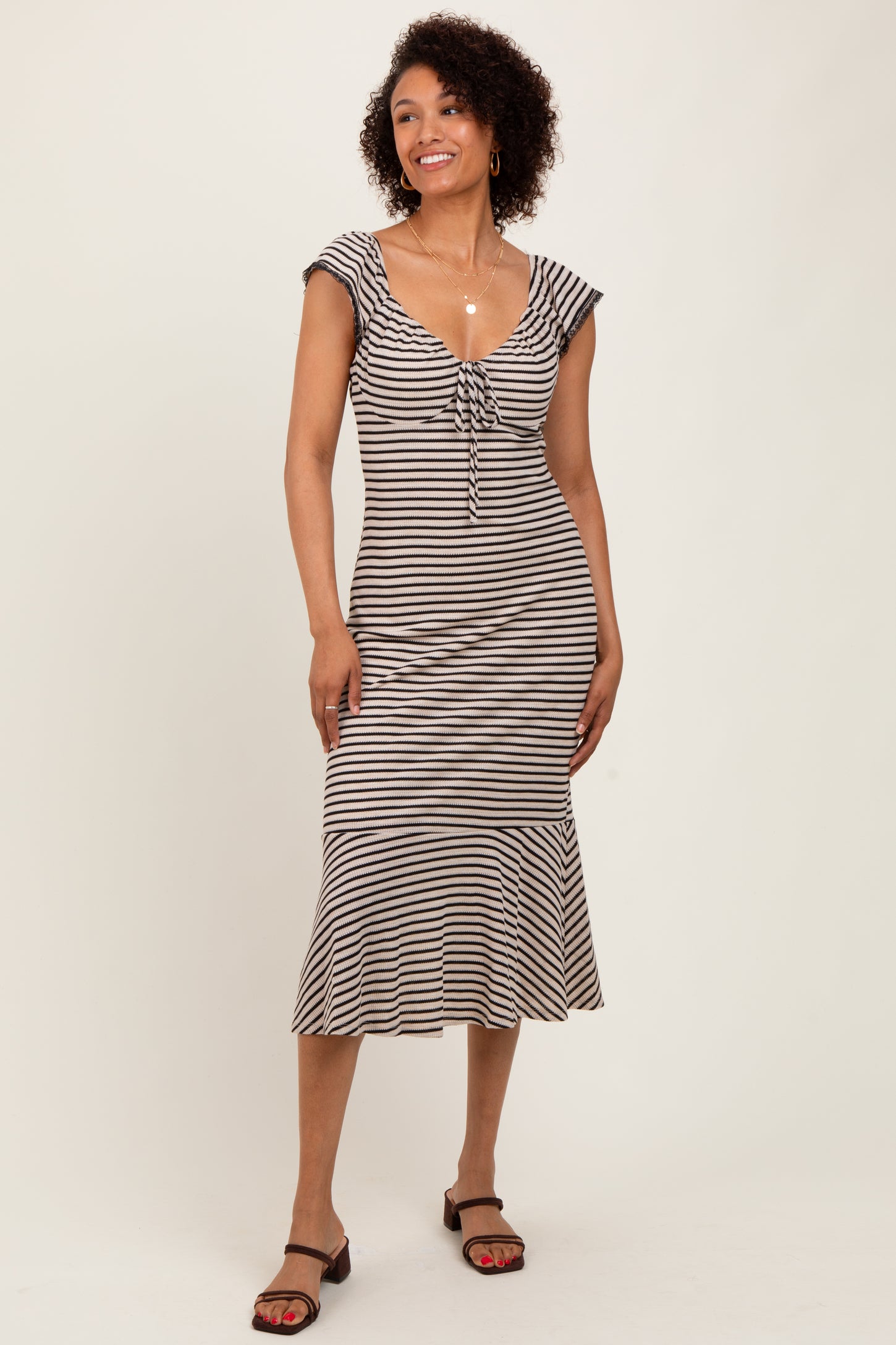 Beige Striped Front Tie Lace Trim Fitted Midi Dress