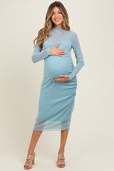 Light Blue Shimmer Mesh Long Sleeve Ruched Maternity Midi Dress