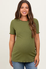 Olive Ribbed Short Sleeve Maternity Top