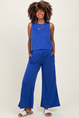 Royal Blue Sleeveless Top And Wide Leg Pants Maternity Set