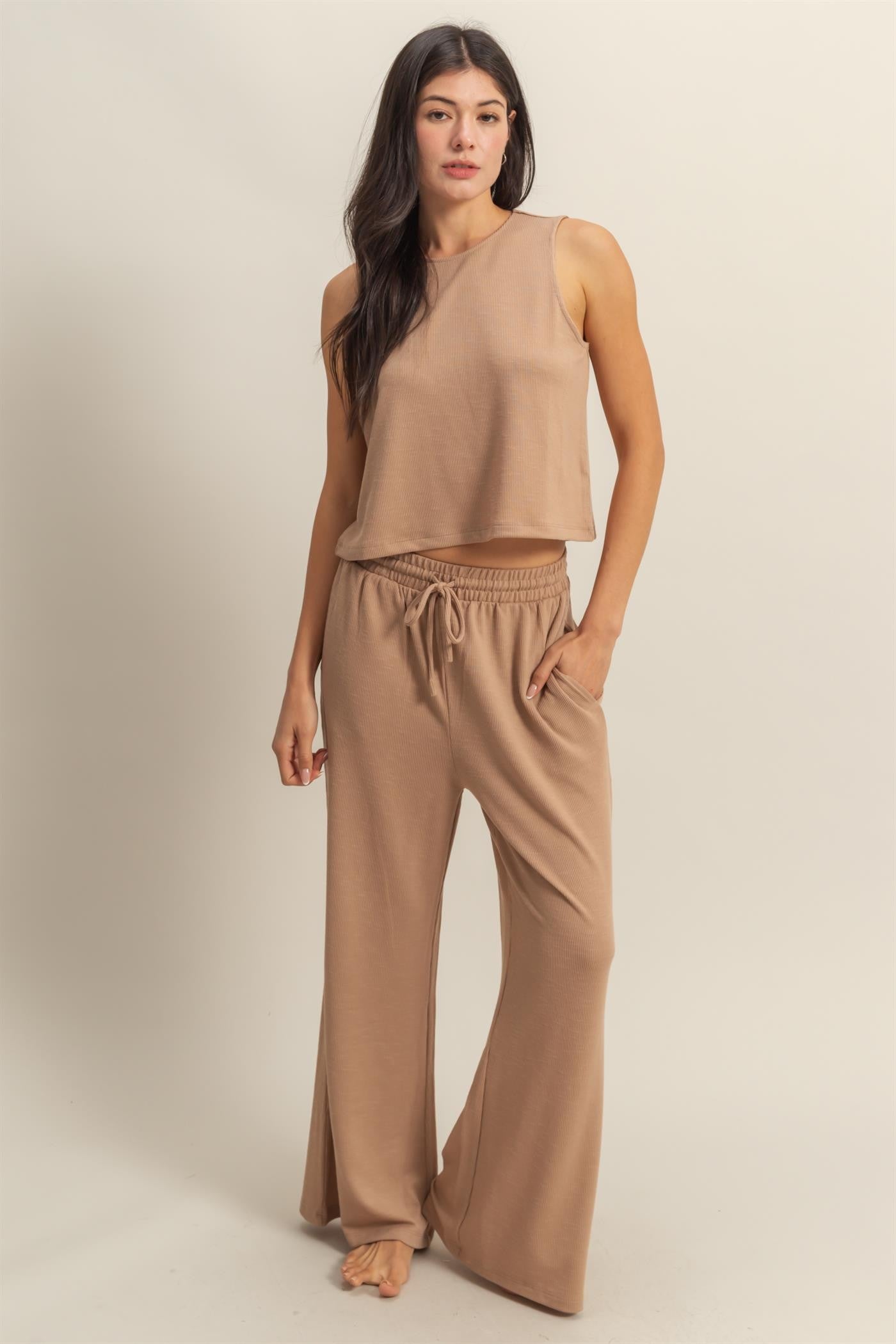 Taupe Sleeveless Top And Wide Leg Pants Maternity Set