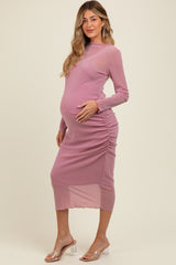 Pink Shimmer Mesh Long Sleeve Ruched Maternity Midi Dress
