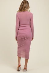 Pink Shimmer Mesh Long Sleeve Ruched Maternity Midi Dress