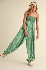 Green Printed Smocked Shoulder Tie Jumpsuit