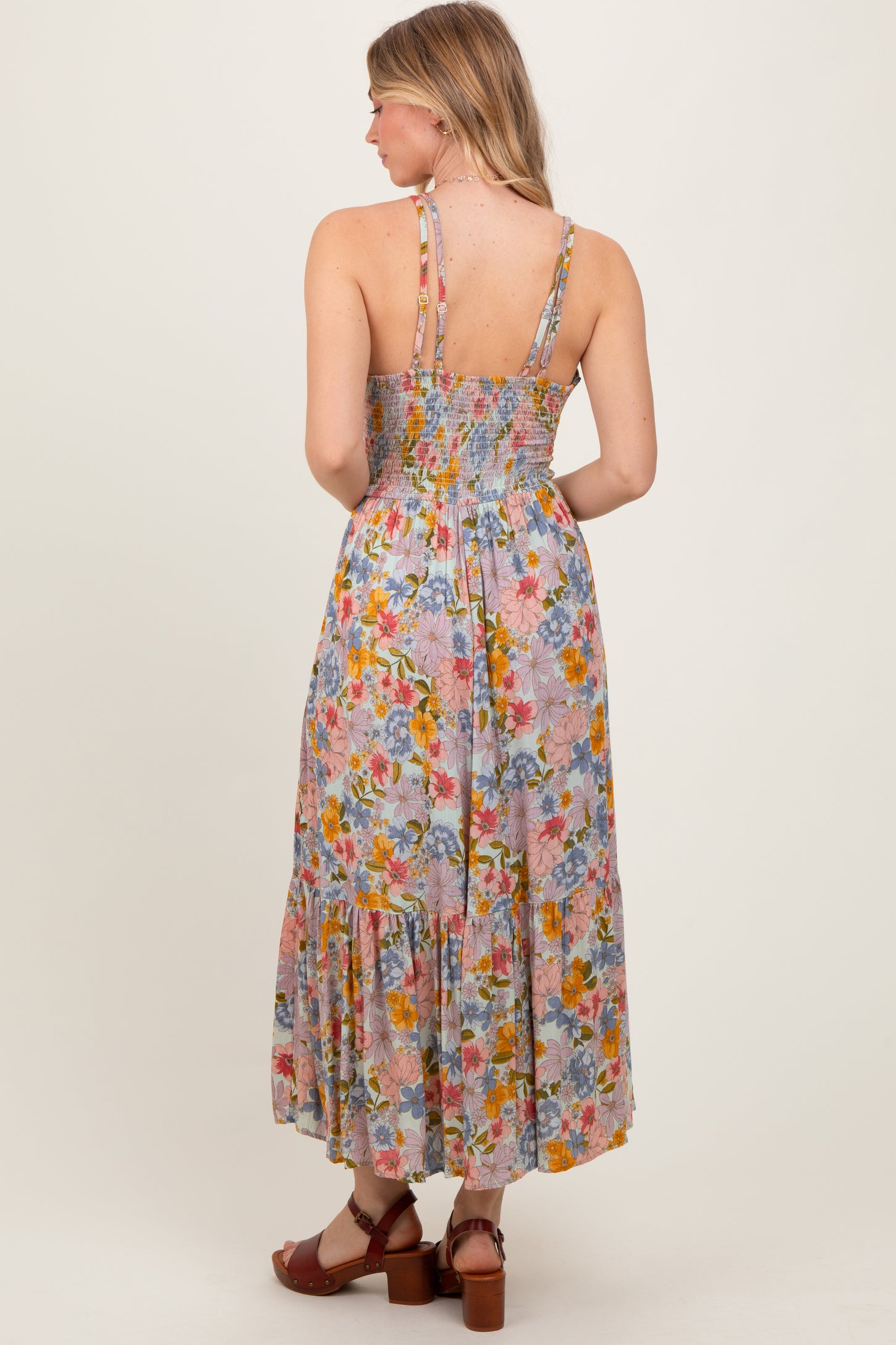 Muticolor Floral Double Strap Lace Trim Midi Dress