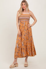 Peach Paisley Shoulder Tie Smocked Maxi Dress
