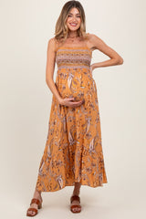 Peach Paisley Shoulder Tie Smocked Maternity Maxi Dress