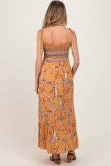 Peach Paisley Shoulder Tie Smocked Maternity Maxi Dress