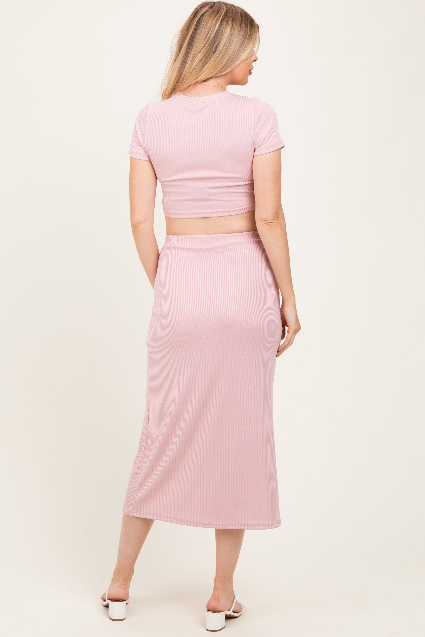 Light Pink Ribbed Knit Crop Tee Maxi Skirt Maternity Set