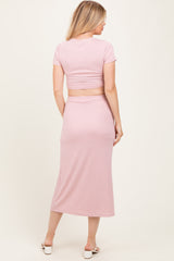 Light Pink Ribbed Knit Crop Tee Maxi Skirt Maternity Set