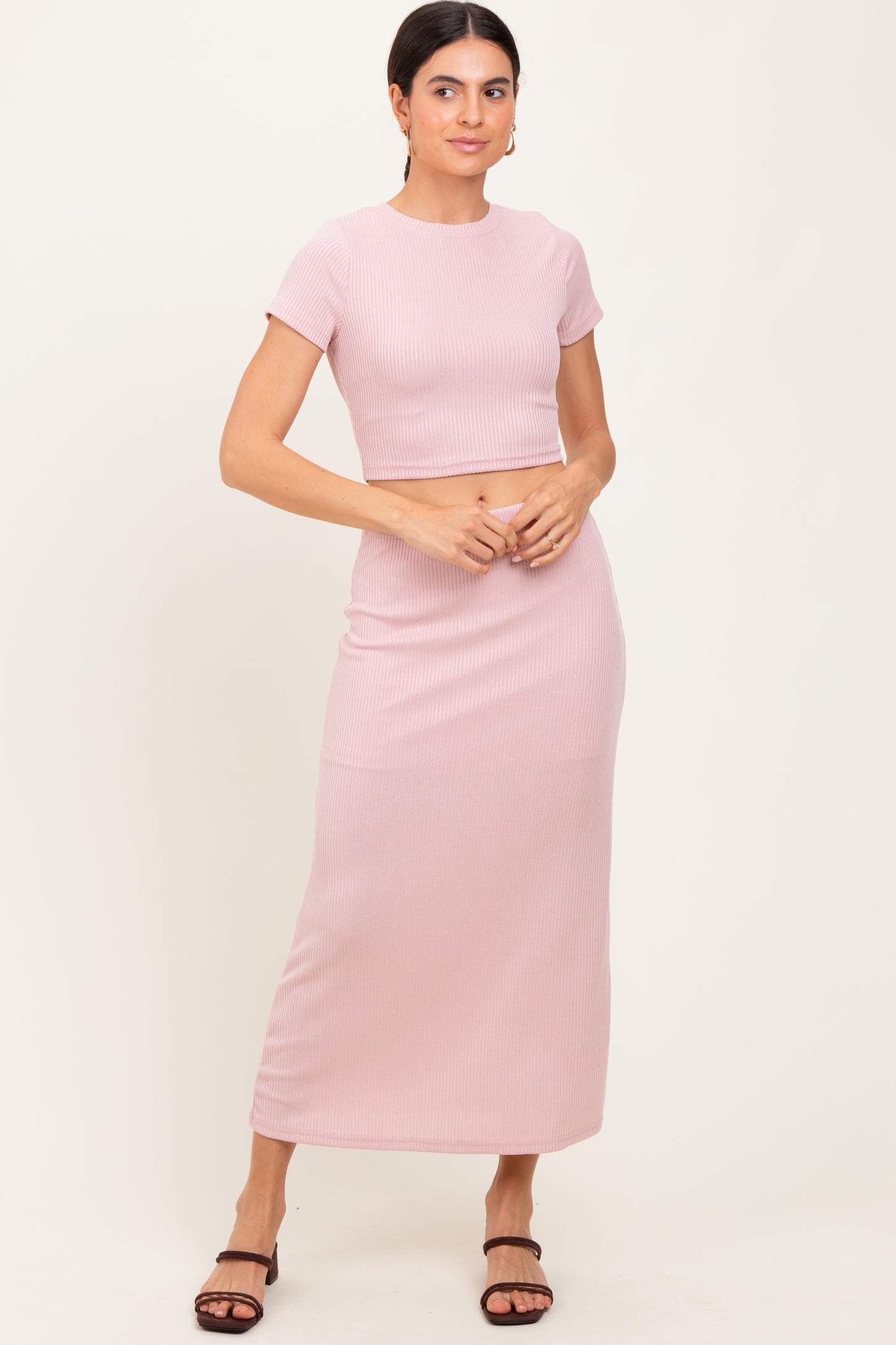 Light Pink Ribbed Knit Crop Tee Maxi Skirt Maternity Set