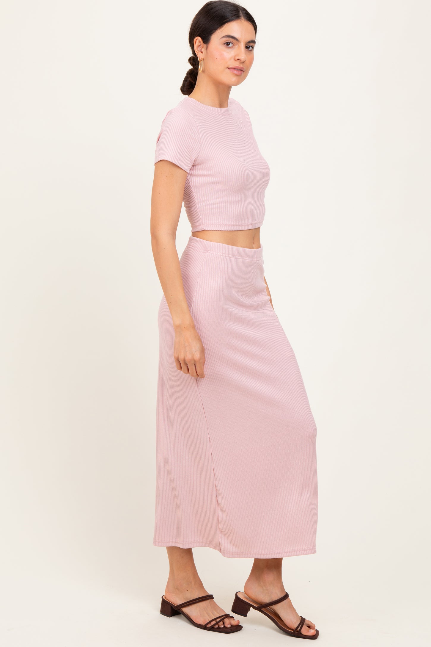 Light Pink Ribbed Knit Crop Tee Maxi Skirt Set