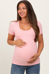 Light Pink Ribbed Scoop Neck Short Sleeve Maternity Top
