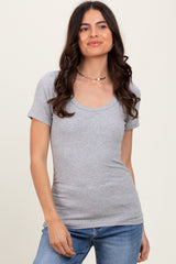 Heather Grey Ribbed Scoop Neck Short Sleeve Top