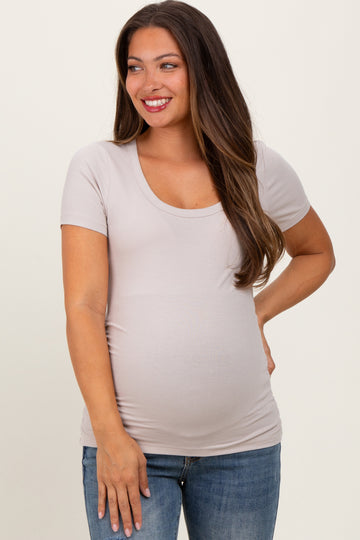 Light Taupe Ribbed Scoop Neck Short Sleeve Maternity Top