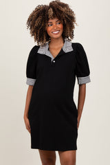 Black Mock Neck Contrast Striped Trim Maternity Mini Dress
