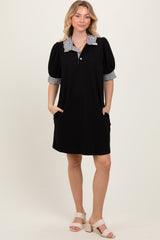 Black Mock Neck Contrast Striped Trim Maternity Mini Dress