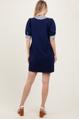 Navy Mock Neck Contrast Striped Trim Mini Dress