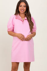 Light Pink Mock Neck Contrast Striped Trim Maternity Mini Dress