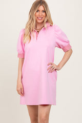 Light Pink Mock Neck Contrast Striped Trim Maternity Mini Dress