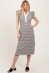 Black Multi-Striped Button Up Ruffle Sleeve Maternity Midi Dress