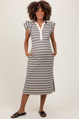 Black Multi-Striped Button Up Ruffle Sleeve Maternity Midi Dress