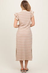 Camel Multi-Striped Button Up Ruffle Sleeve Midi Dress
