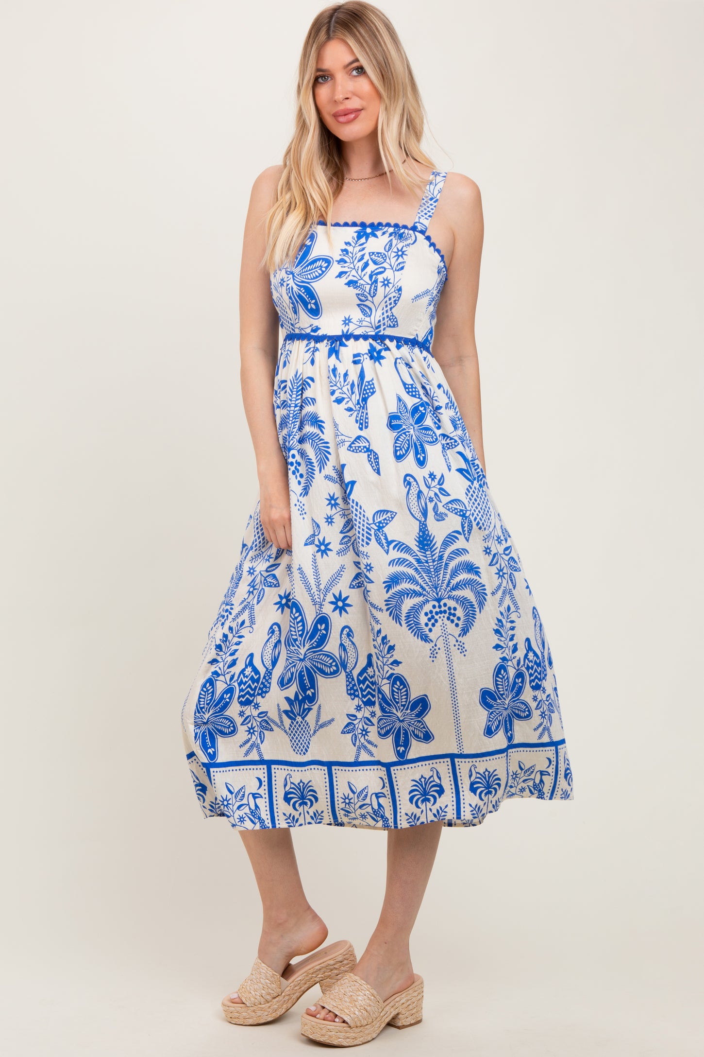 Royal Blue Floral Scallop Trim Midi Dress