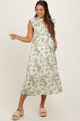Light Olive Floral Scallop Hem Tiered Maternity Midi Dress