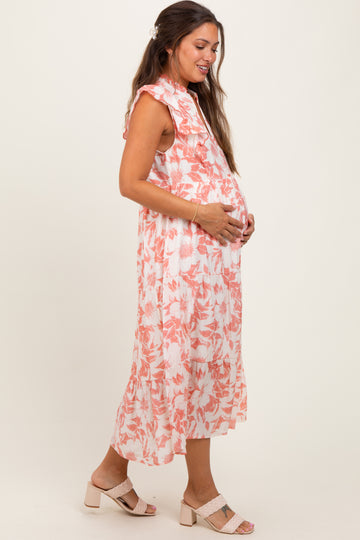 Rust Floral Scallop Hem Tiered Maternity Midi Dress