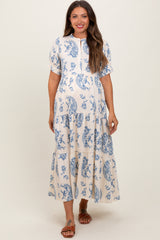 Blue Paisley Button Up Tiered Maternity Maxi Dress