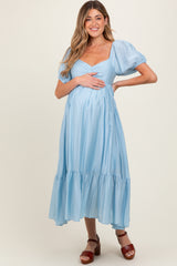 Light Blue Ruched Sweetheart Neck Tiered Maternity Midi Dress