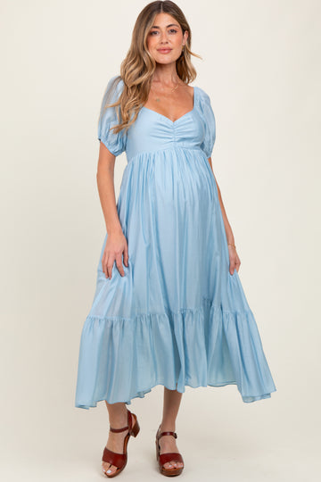 Light Blue Ruched Sweetheart Neck Tiered Maternity Midi Dress