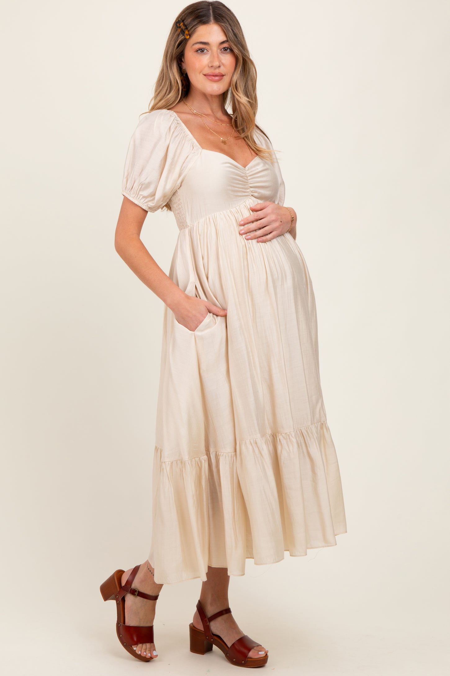 Cream Ruched Sweetheart Neck Tiered Maternity Midi Dress