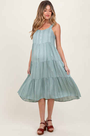 Light Olive Dot Stripe Tiered Maternity Midi Dress